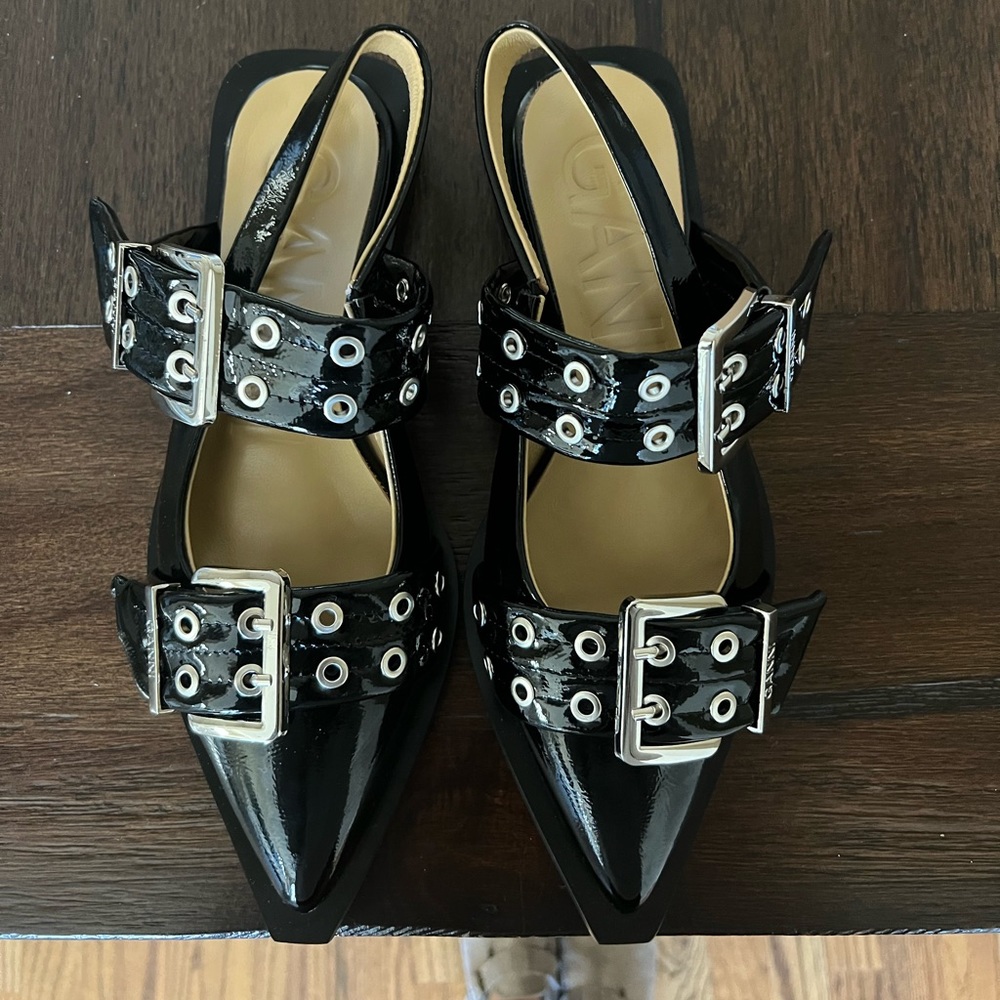 Ganni black wide belt buckle ballet flats